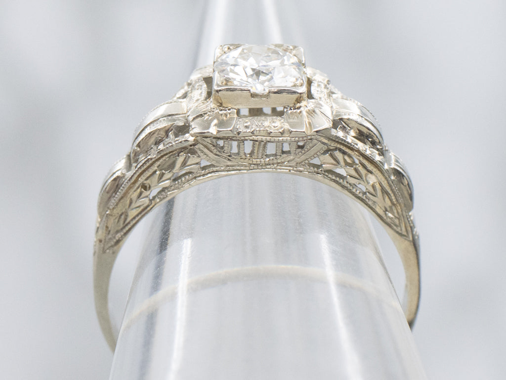 Late Art Deco European Cut Diamond Solitaire Engagement Ring