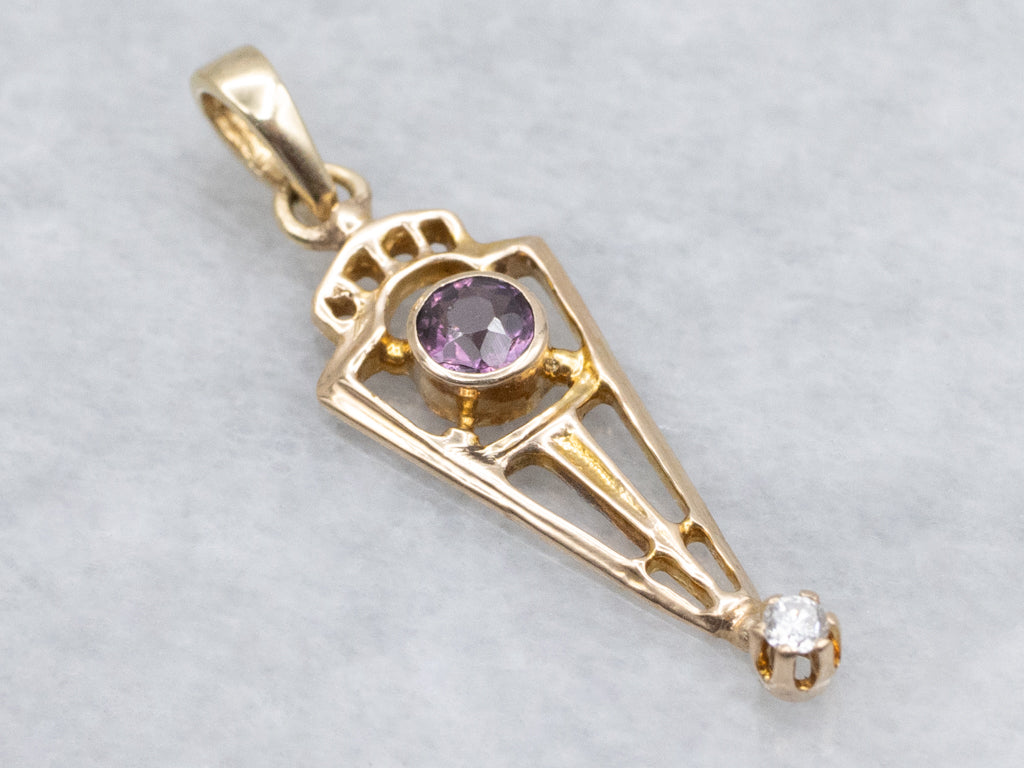 Antique Amethyst Doublet and Diamond Open Work Gold Pendant