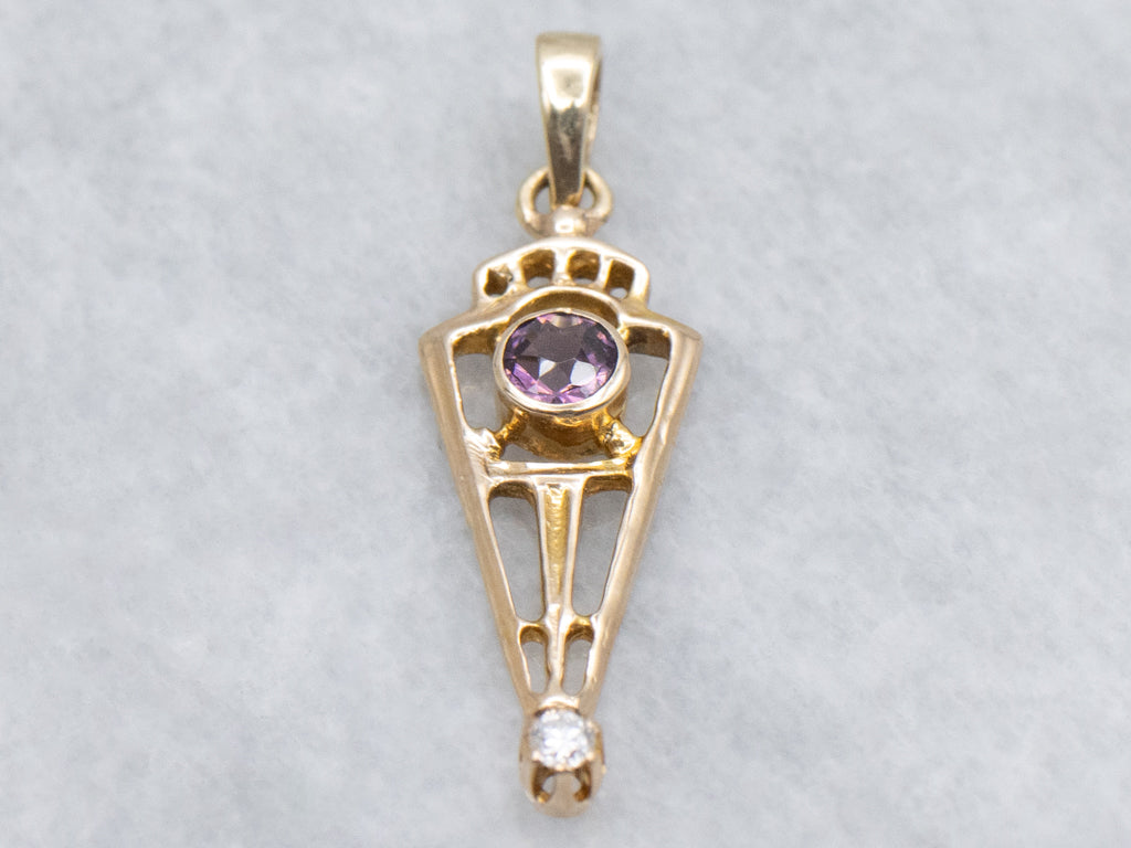 Antique Amethyst Doublet and Diamond Open Work Gold Pendant