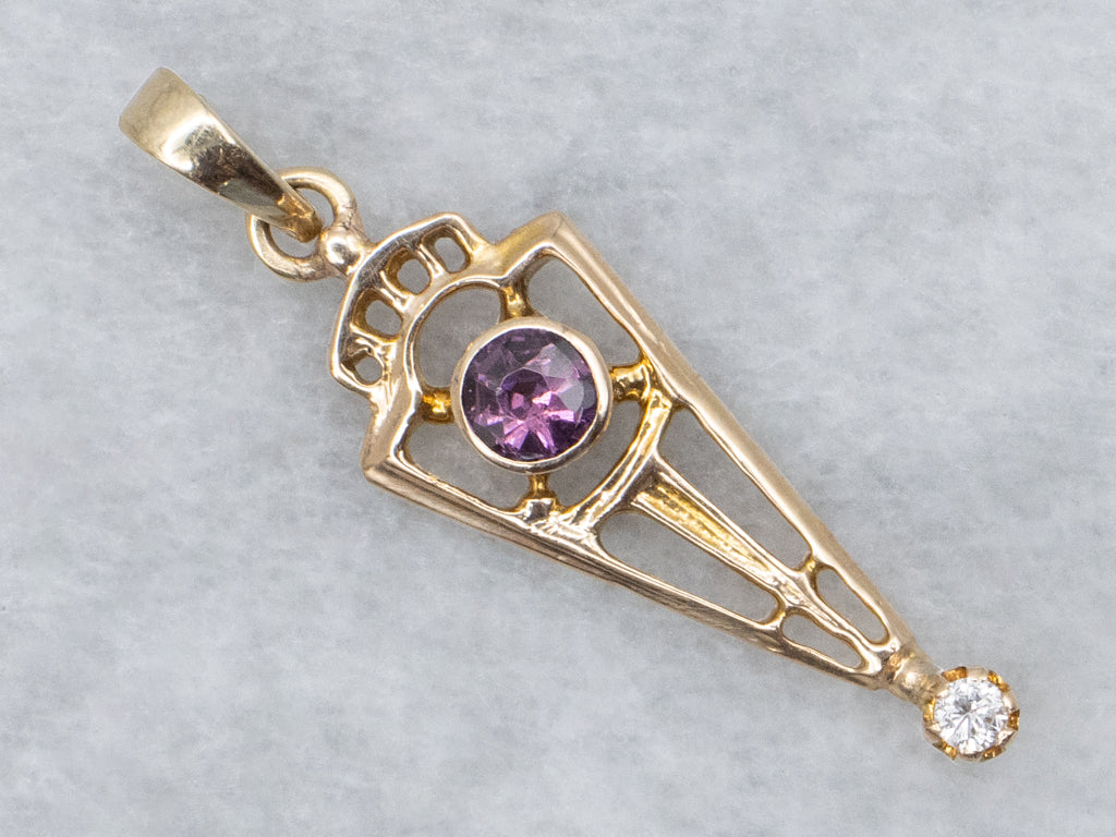Antique Amethyst Doublet and Diamond Open Work Gold Pendant
