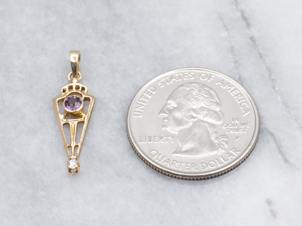 Antique Amethyst Doublet and Diamond Open Work Gold Pendant