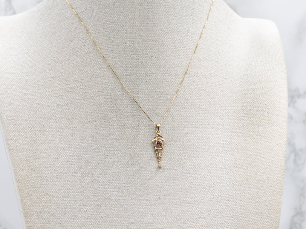 Antique Amethyst Doublet and Diamond Open Work Gold Pendant