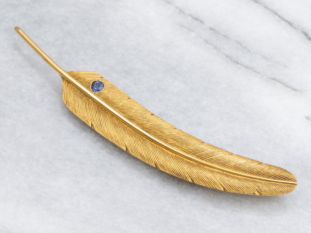 Detailed Yellow Gold Feather Pin with Blue Sapphire