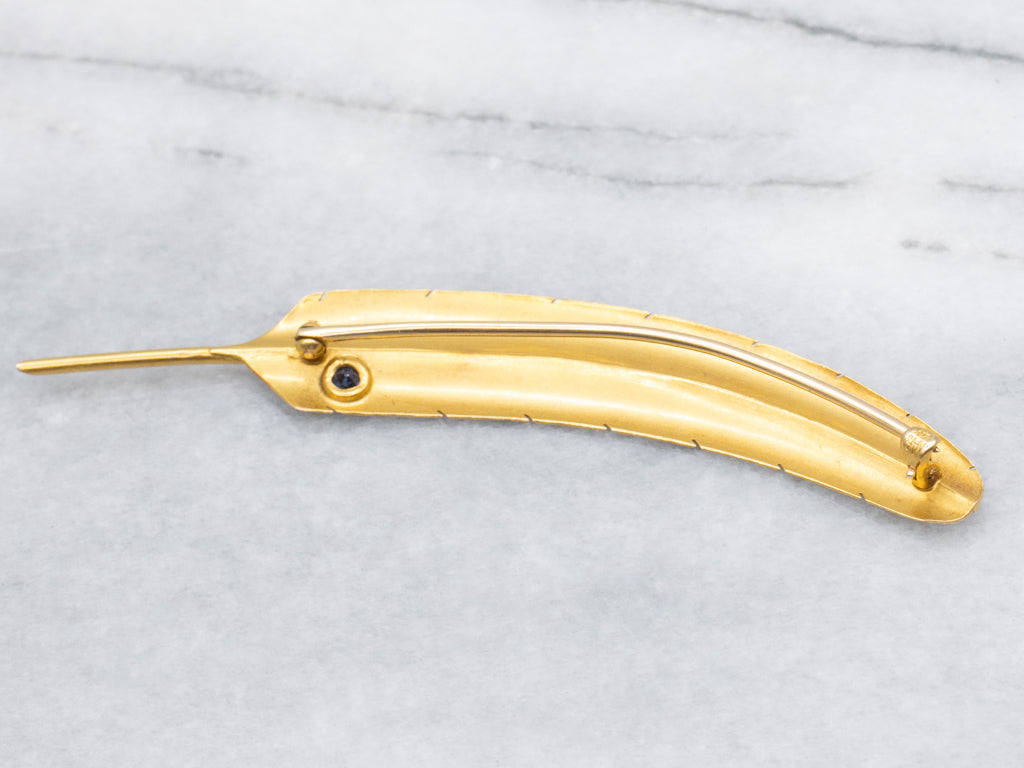 Detailed Yellow Gold Feather Pin with Blue Sapphire