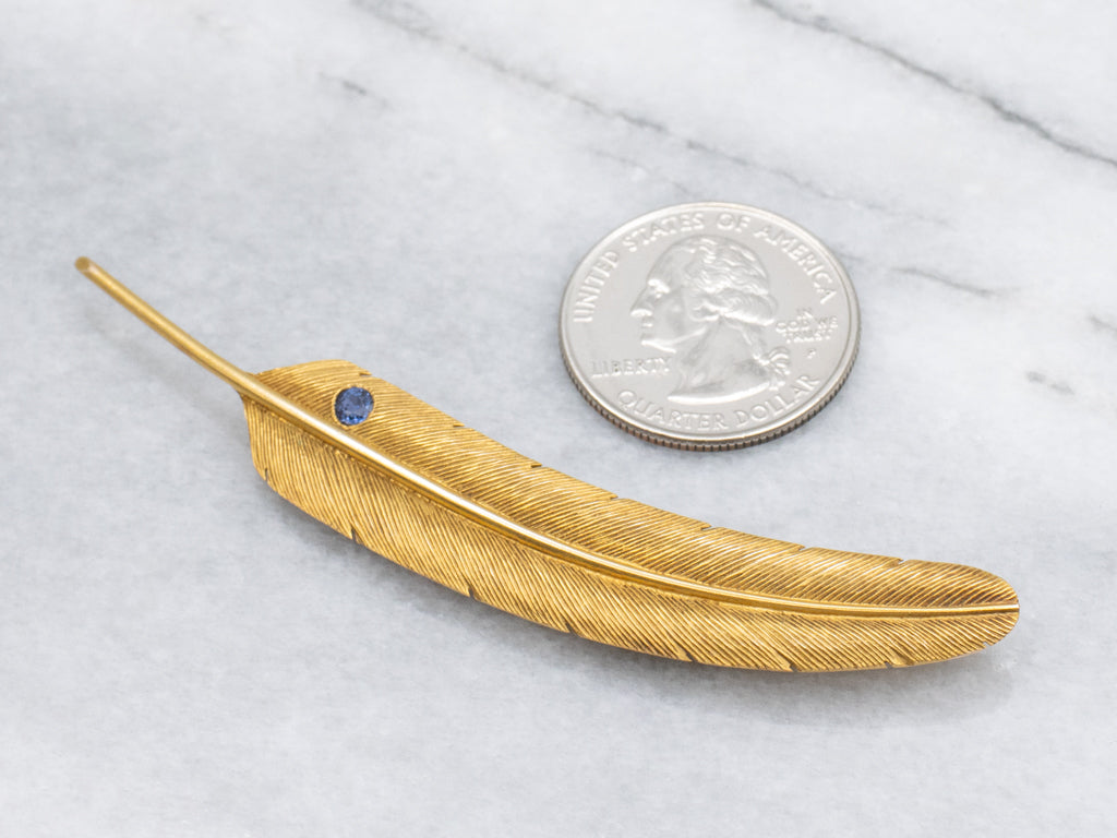 Detailed Yellow Gold Feather Pin with Blue Sapphire