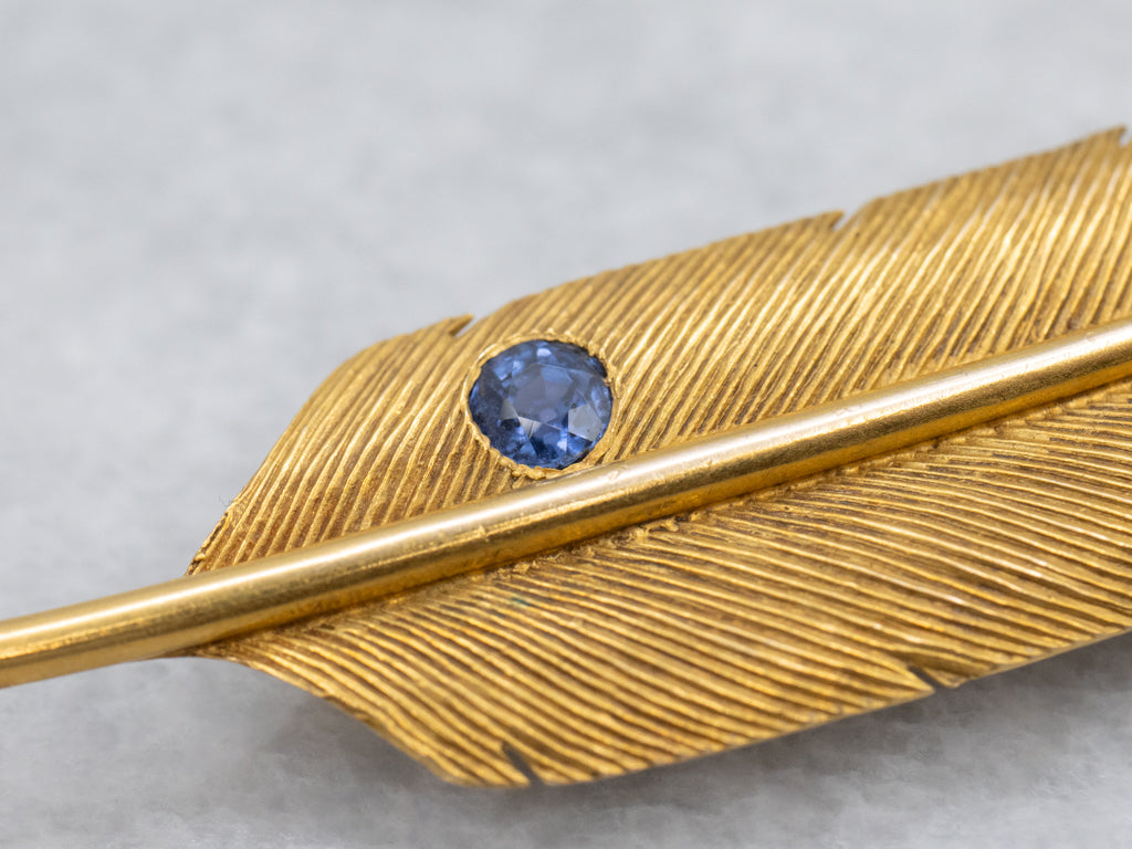 Detailed Yellow Gold Feather Pin with Blue Sapphire