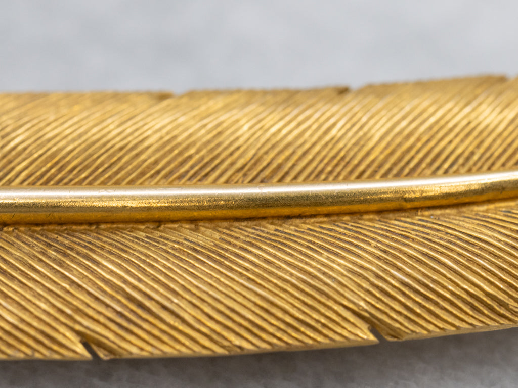 Detailed Yellow Gold Feather Pin with Blue Sapphire