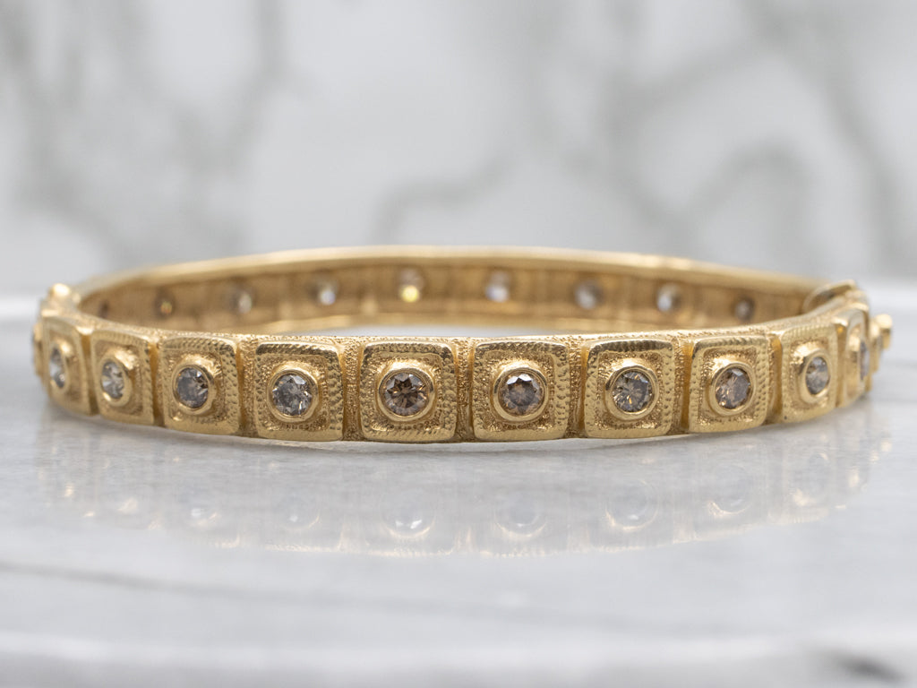 Designer Audruis Krulis Bezel Set Champagne Diamond Gold Hinged Bangle Bracelet