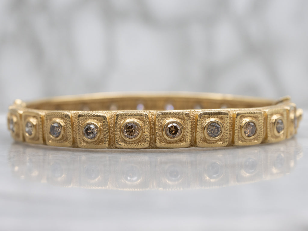 Designer Audruis Krulis Bezel Set Champagne Diamond Gold Hinged Bangle Bracelet