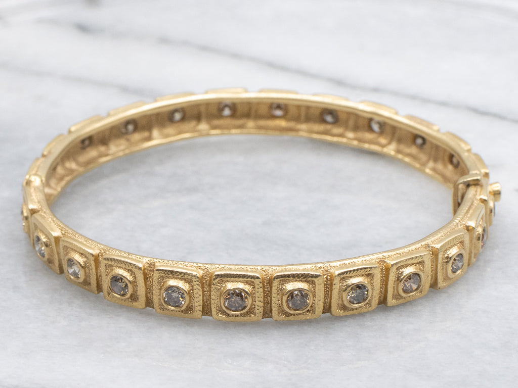Designer Audruis Krulis Bezel Set Champagne Diamond Gold Hinged Bangle Bracelet