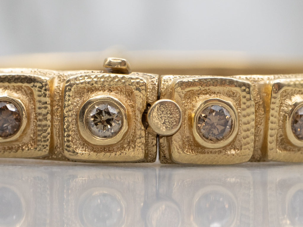 Designer Audruis Krulis Bezel Set Champagne Diamond Gold Hinged Bangle Bracelet