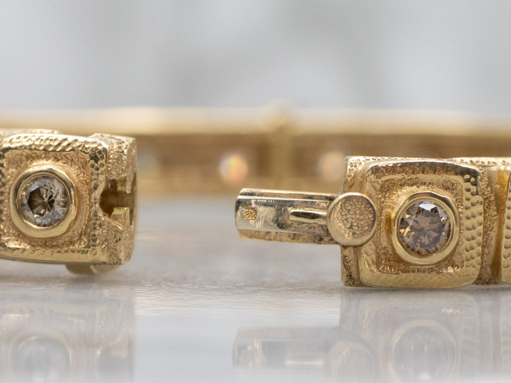 Designer Audruis Krulis Bezel Set Champagne Diamond Gold Hinged Bangle Bracelet