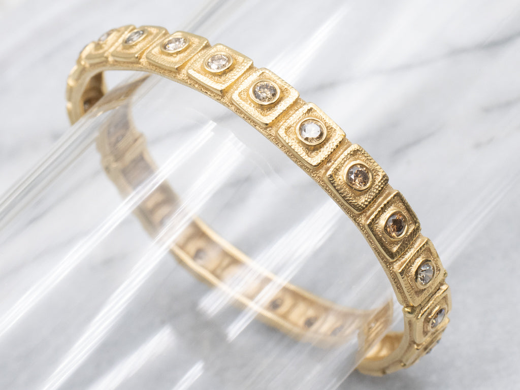 Designer Audruis Krulis Bezel Set Champagne Diamond Gold Hinged Bangle Bracelet