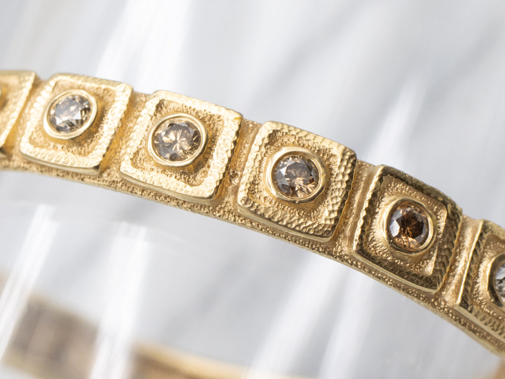 Designer Audruis Krulis Bezel Set Champagne Diamond Gold Hinged Bangle Bracelet