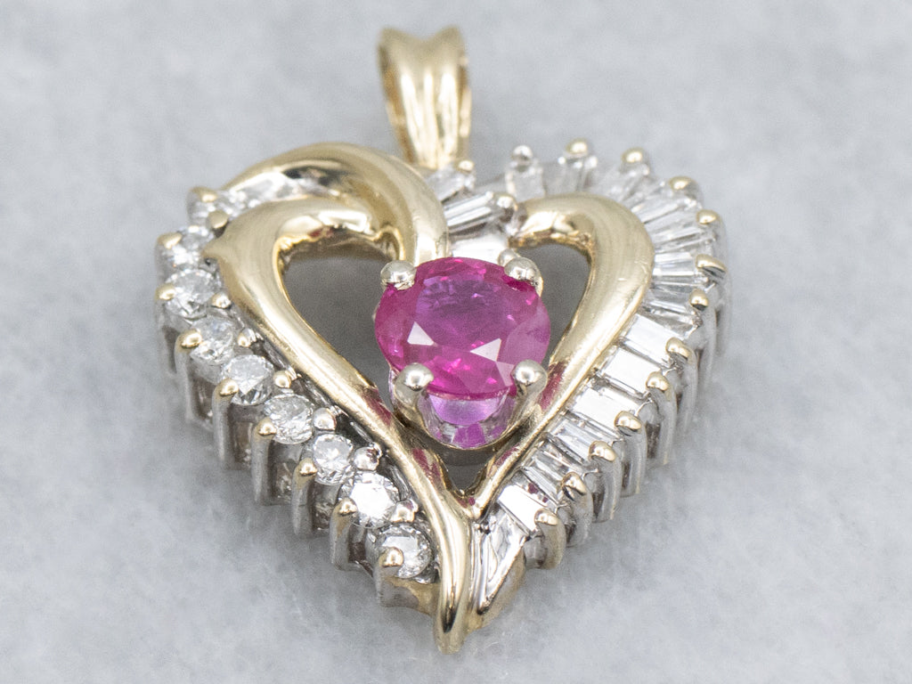 Mix-Cut Diamond Heart Pendant with Hot-Pink Ruby Center