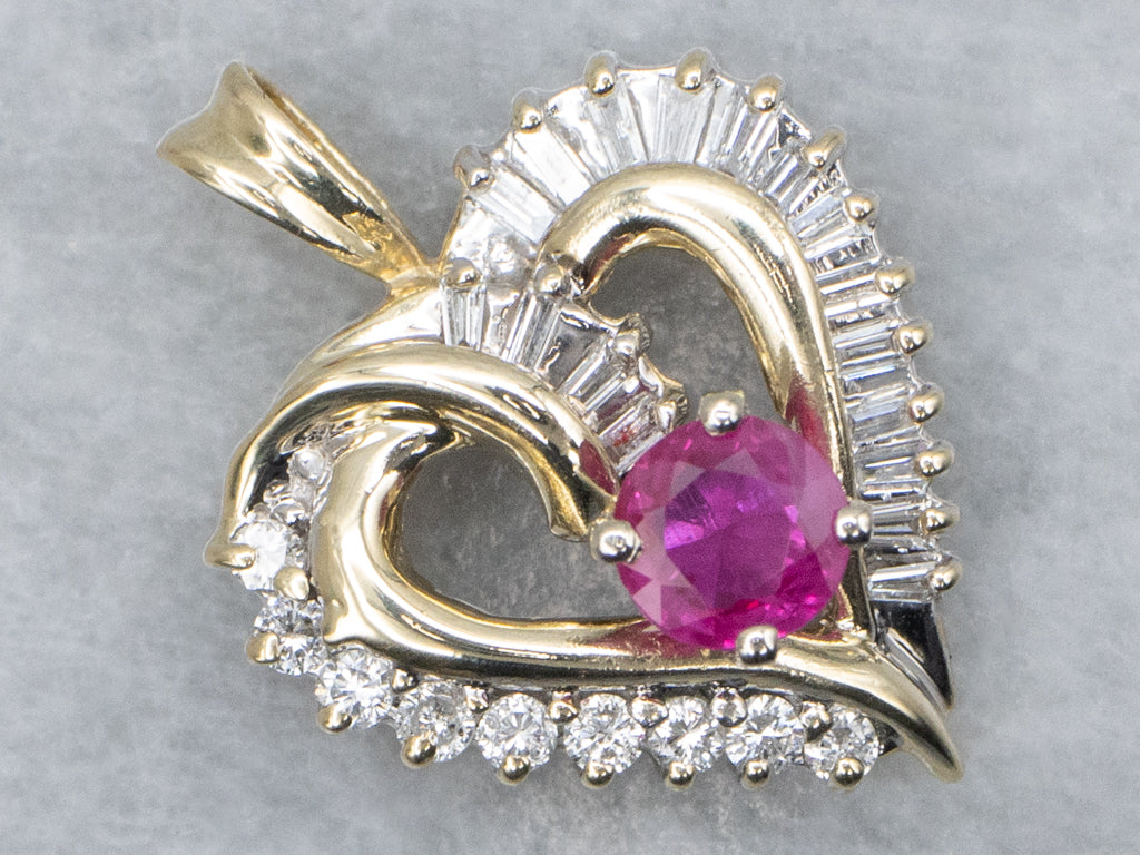 Mix-Cut Diamond Heart Pendant with Hot-Pink Ruby Center