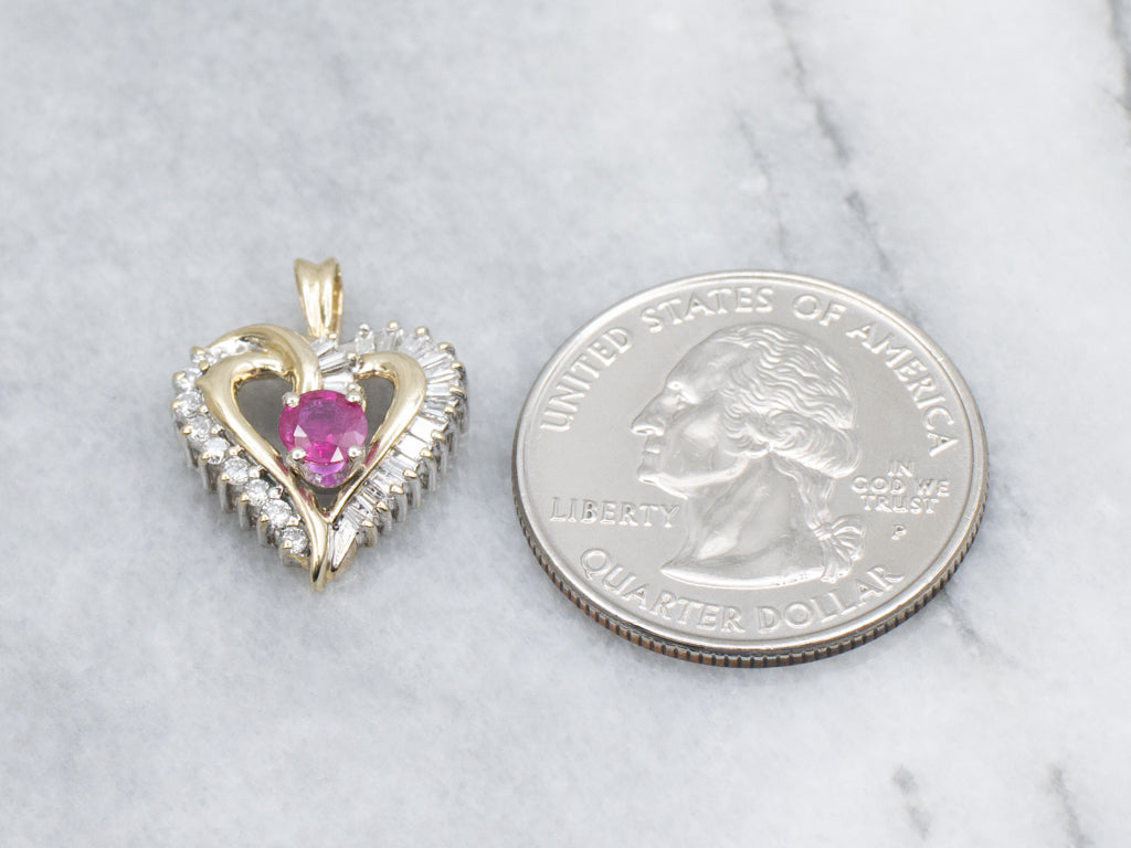 Mix-Cut Diamond Heart Pendant with Hot-Pink Ruby Center
