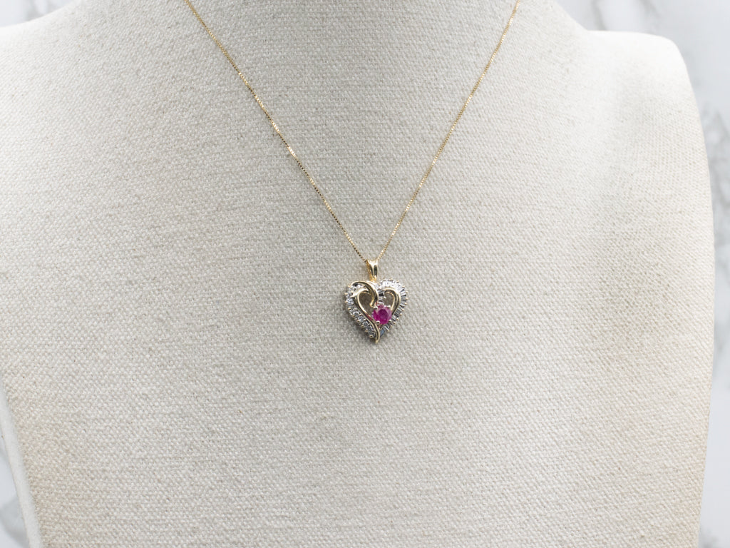 Mix-Cut Diamond Heart Pendant with Hot-Pink Ruby Center