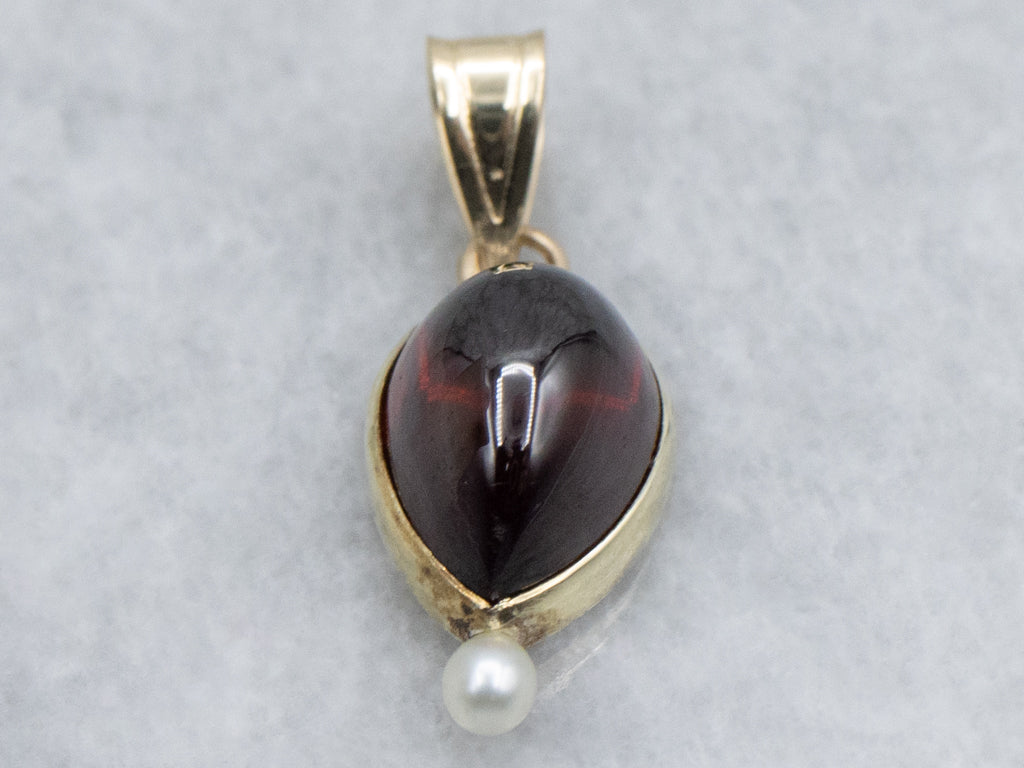Garnet Cabochon Seed Pearl and Gold Stickpin Conversion Pendant