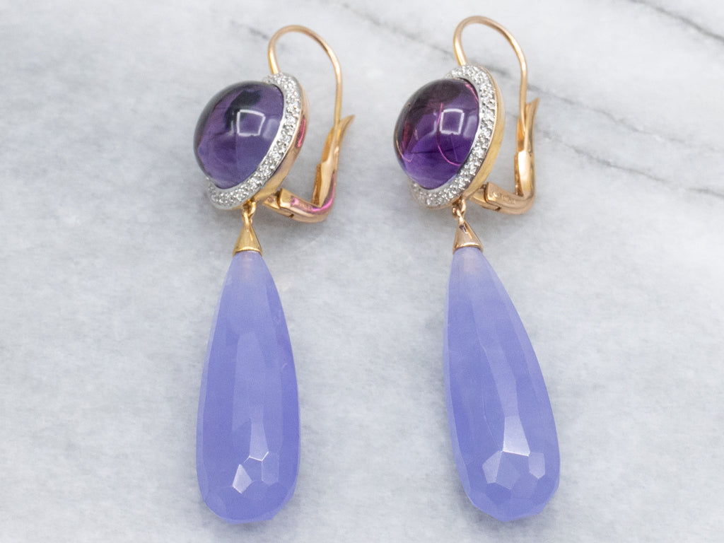 Designer Mimi Milano Amethyst Cabochon and Lavender Jade Halo Drop Earrings