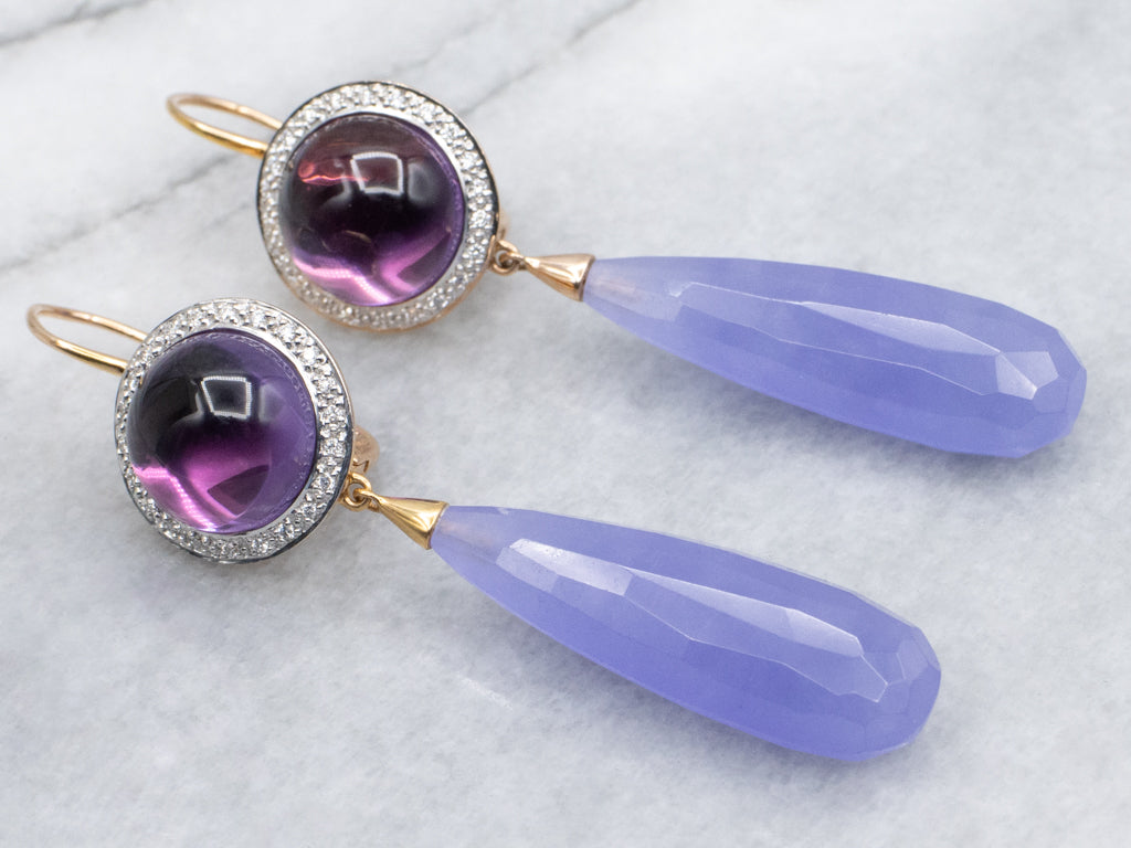 Designer Mimi Milano Amethyst Cabochon and Lavender Jade Halo Drop Earrings