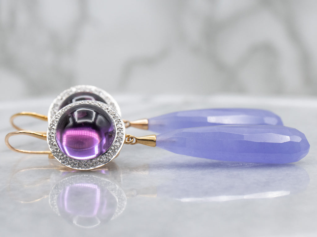 Designer Mimi Milano Amethyst Cabochon and Lavender Jade Halo Drop Earrings