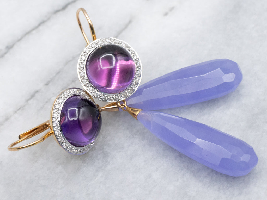 Designer Mimi Milano Amethyst Cabochon and Lavender Jade Halo Drop Earrings