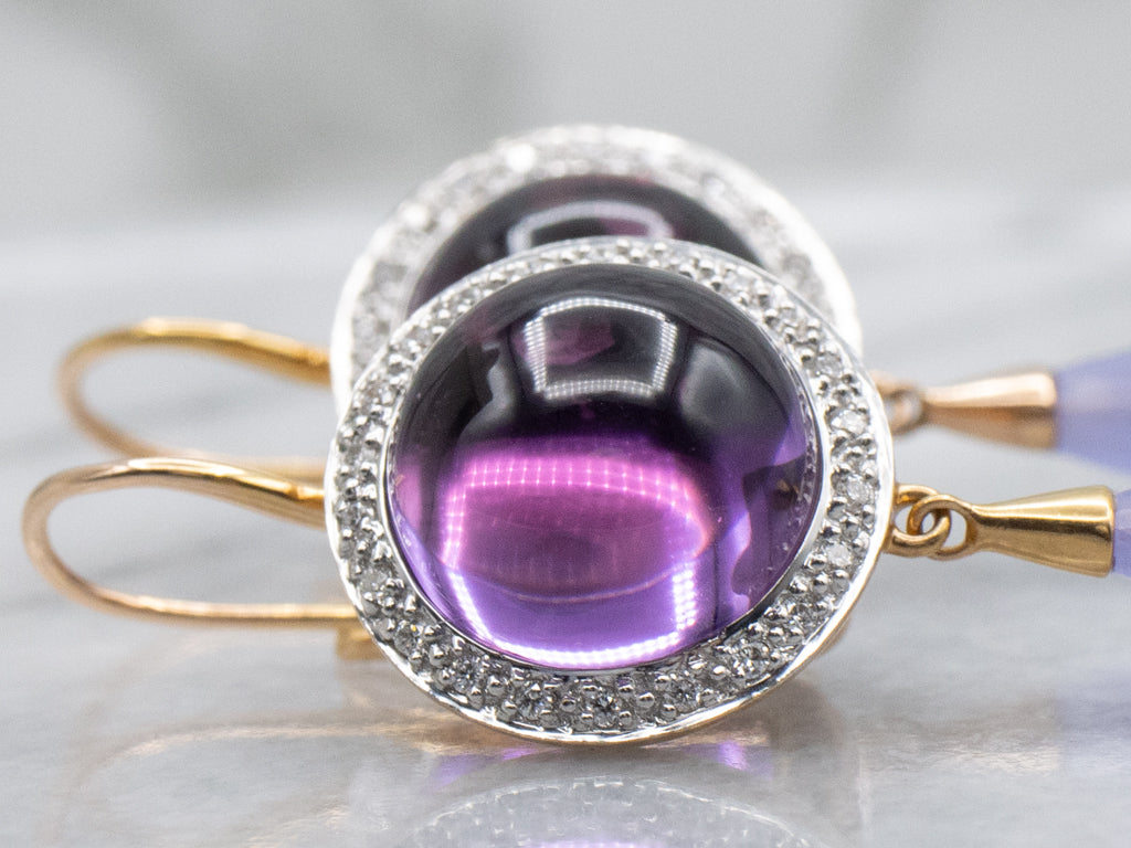 Designer Mimi Milano Amethyst Cabochon and Lavender Jade Halo Drop Earrings