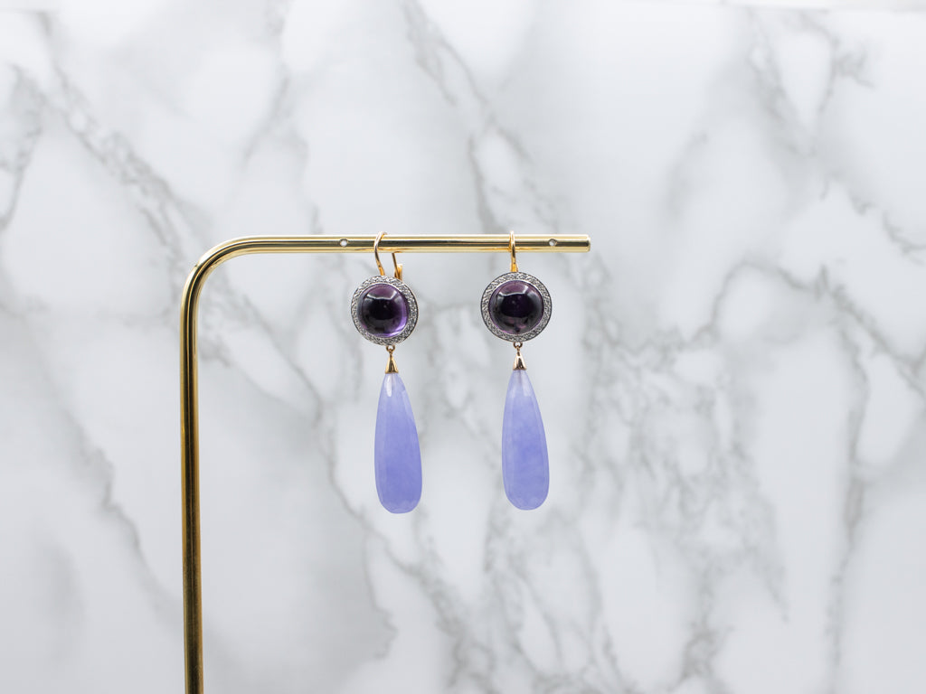 Designer Mimi Milano Amethyst Cabochon and Lavender Jade Halo Drop Earrings