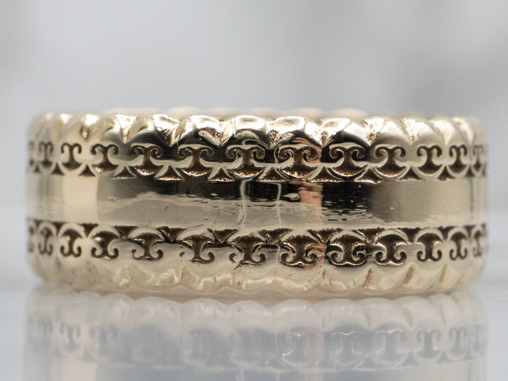 Men's 1970s Gold Band with Scrolling Patterned Edge