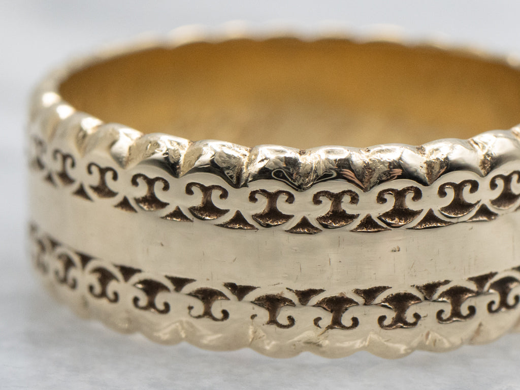 Men's 1970s Gold Band with Scrolling Patterned Edge