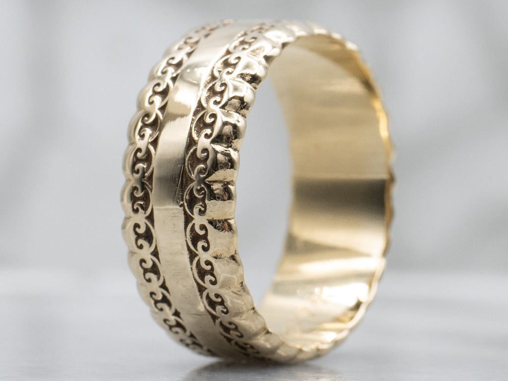 Men's 1970s Gold Band with Scrolling Patterned Edge