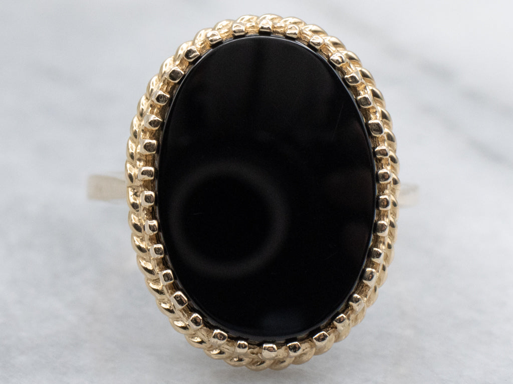 Vintage Black Onyx and Gold Ladies Ring with Rope-Twist Edge