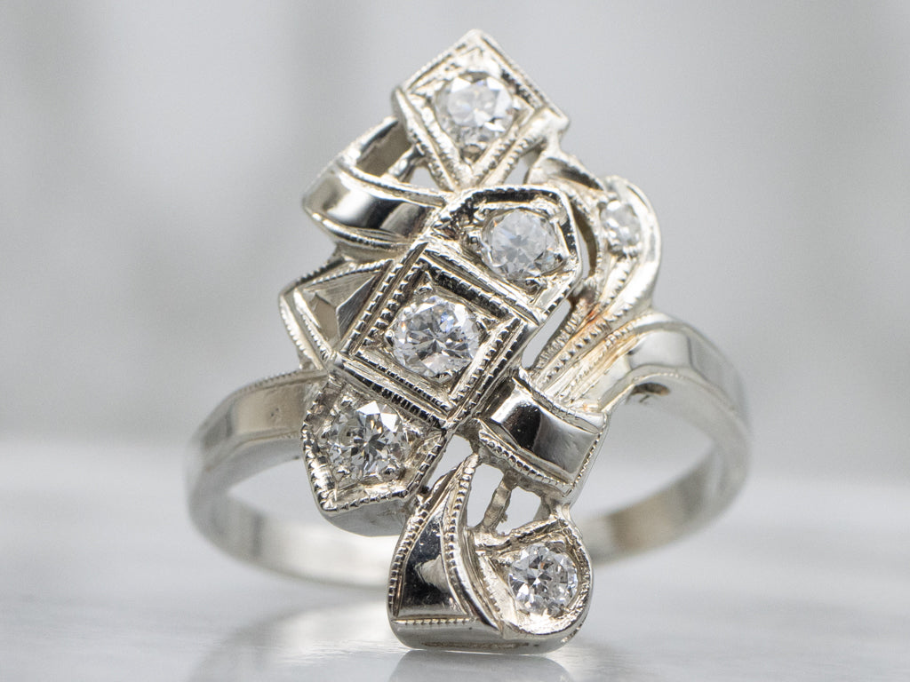 Retro-Era White Gold and Diamond Ribbon Ring