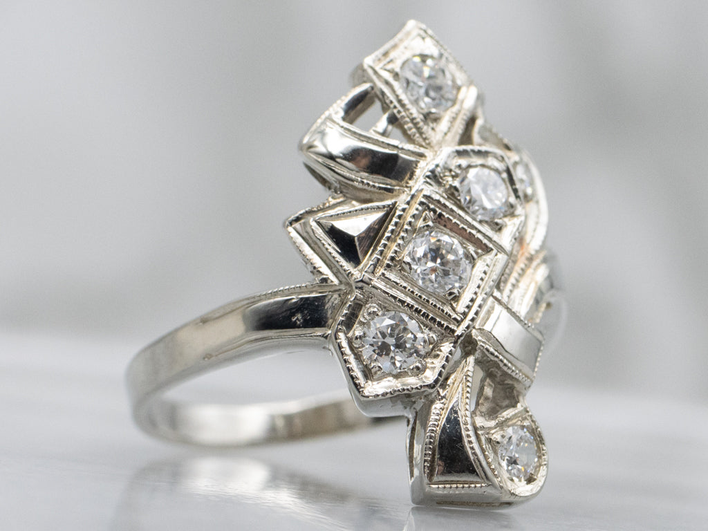 Retro-Era White Gold and Diamond Ribbon Ring