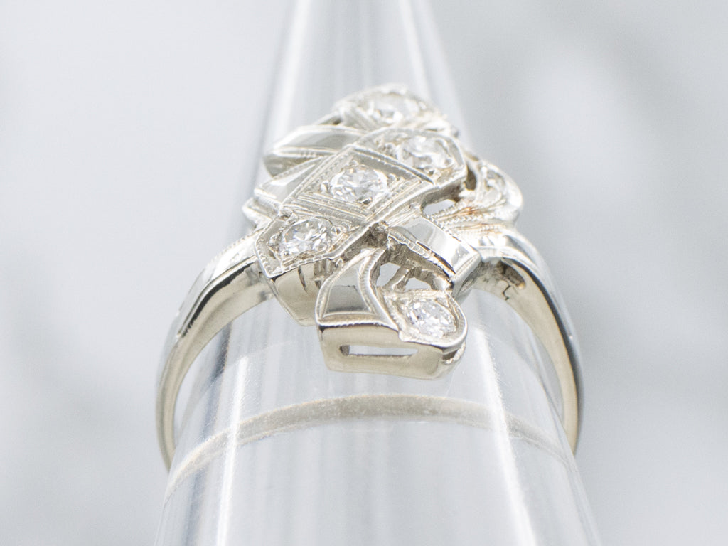 Retro-Era White Gold and Diamond Ribbon Ring