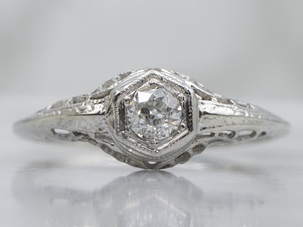 Antique Old Mine Cut Diamond Solitaire Filigree Engagement Ring