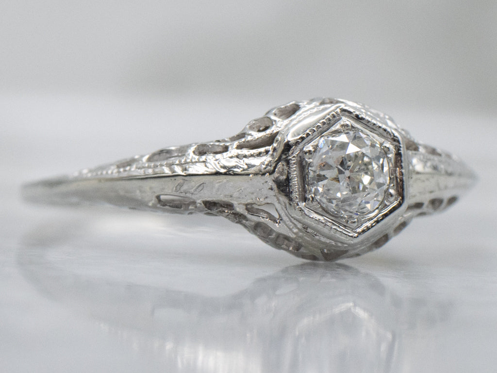 Antique Old Mine Cut Diamond Solitaire Filigree Engagement Ring