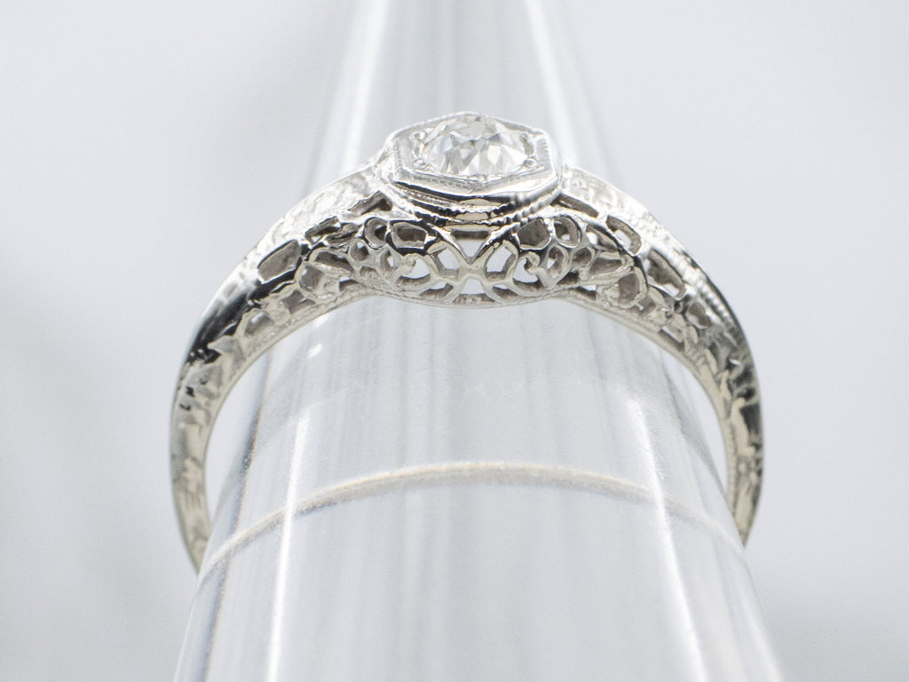 Antique Old Mine Cut Diamond Solitaire Filigree Engagement Ring