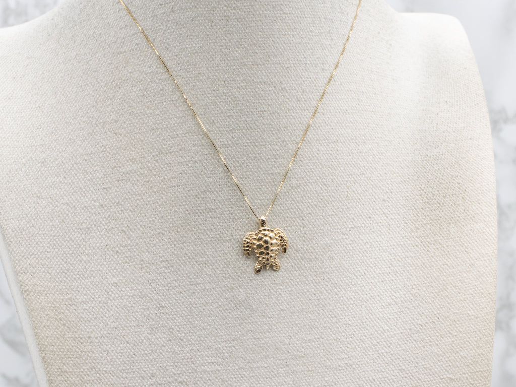 Textured Yellow Gold Sea Turtle Pendant by Kabana