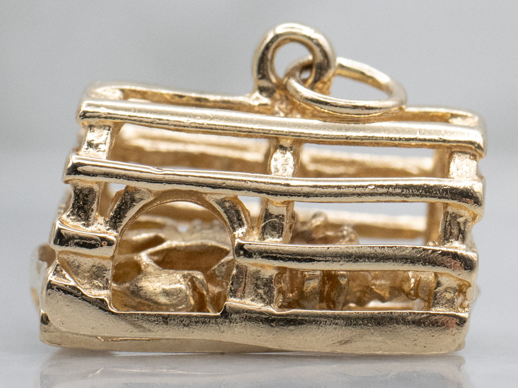 Lobster Trap Gold Pendant with Trapped Lobster