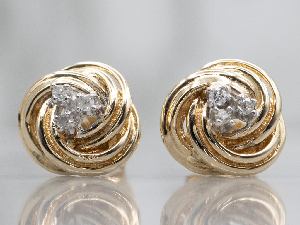 Triple Diamond Twisting Two-Tone Knot Stud Earrings