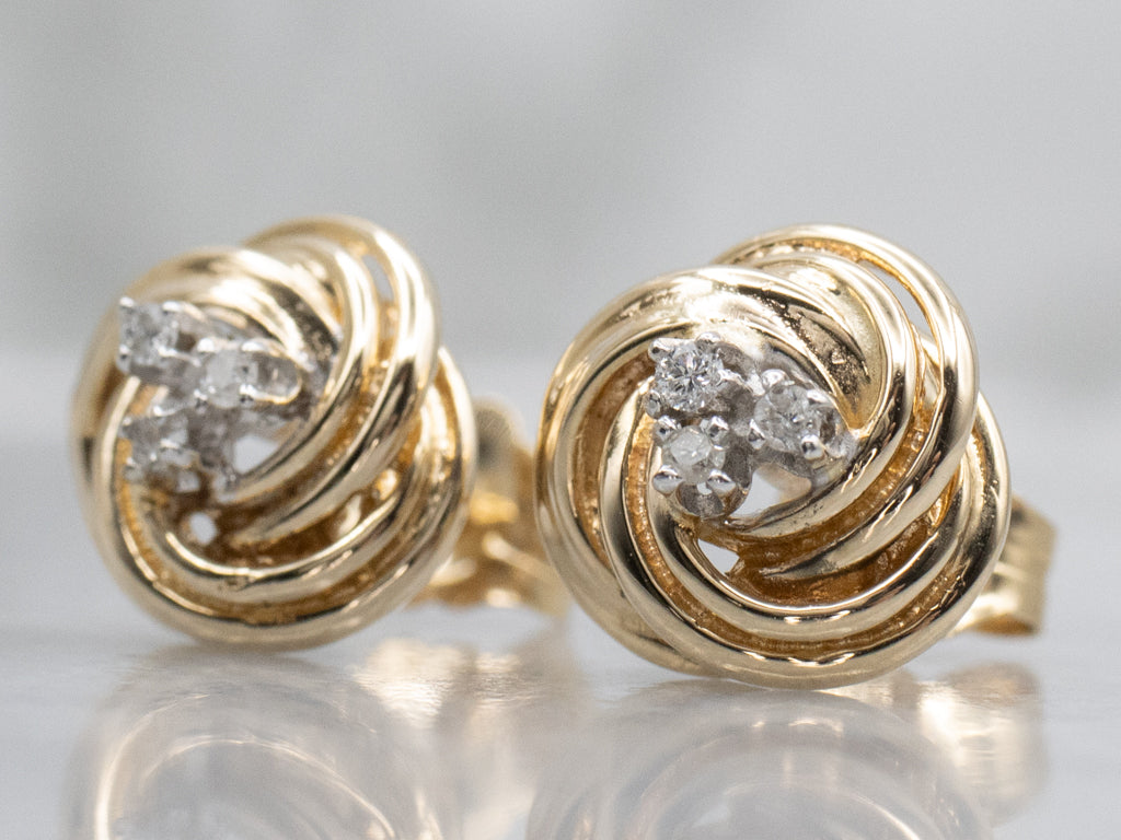 Triple Diamond Twisting Two-Tone Knot Stud Earrings