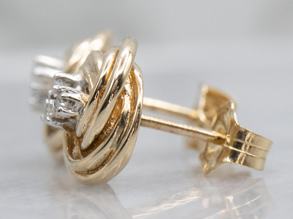 Triple Diamond Twisting Two-Tone Knot Stud Earrings