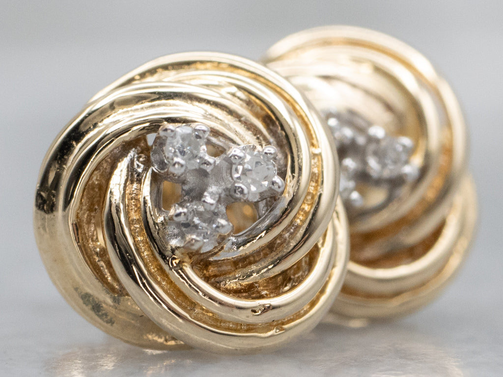 Triple Diamond Twisting Two-Tone Knot Stud Earrings