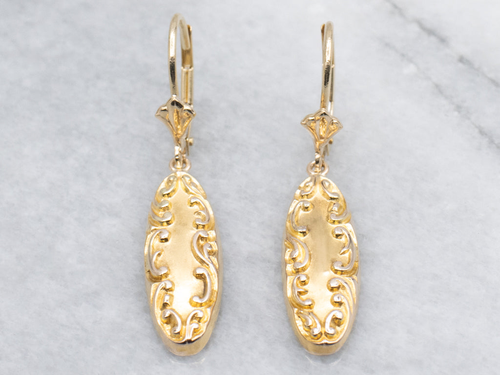 Antique Chased Yellow Gold Retrofitted Cufflink Drop Earrings