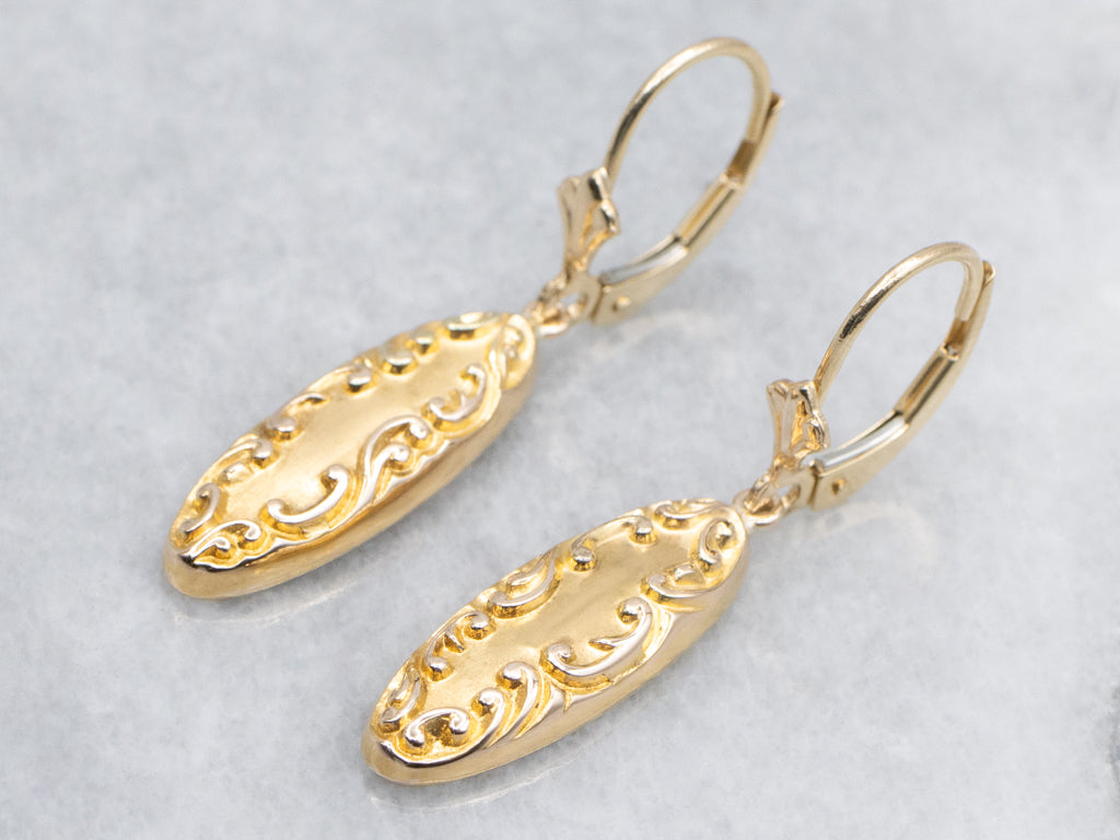 Antique Chased Yellow Gold Retrofitted Cufflink Drop Earrings
