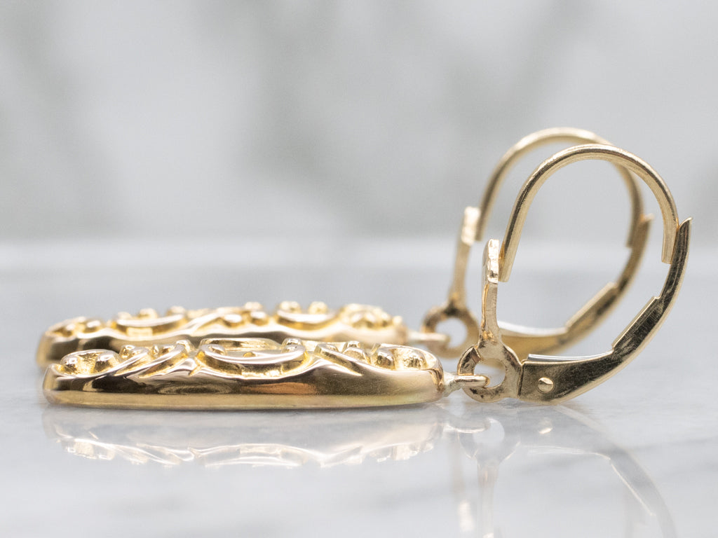 Antique Chased Yellow Gold Retrofitted Cufflink Drop Earrings