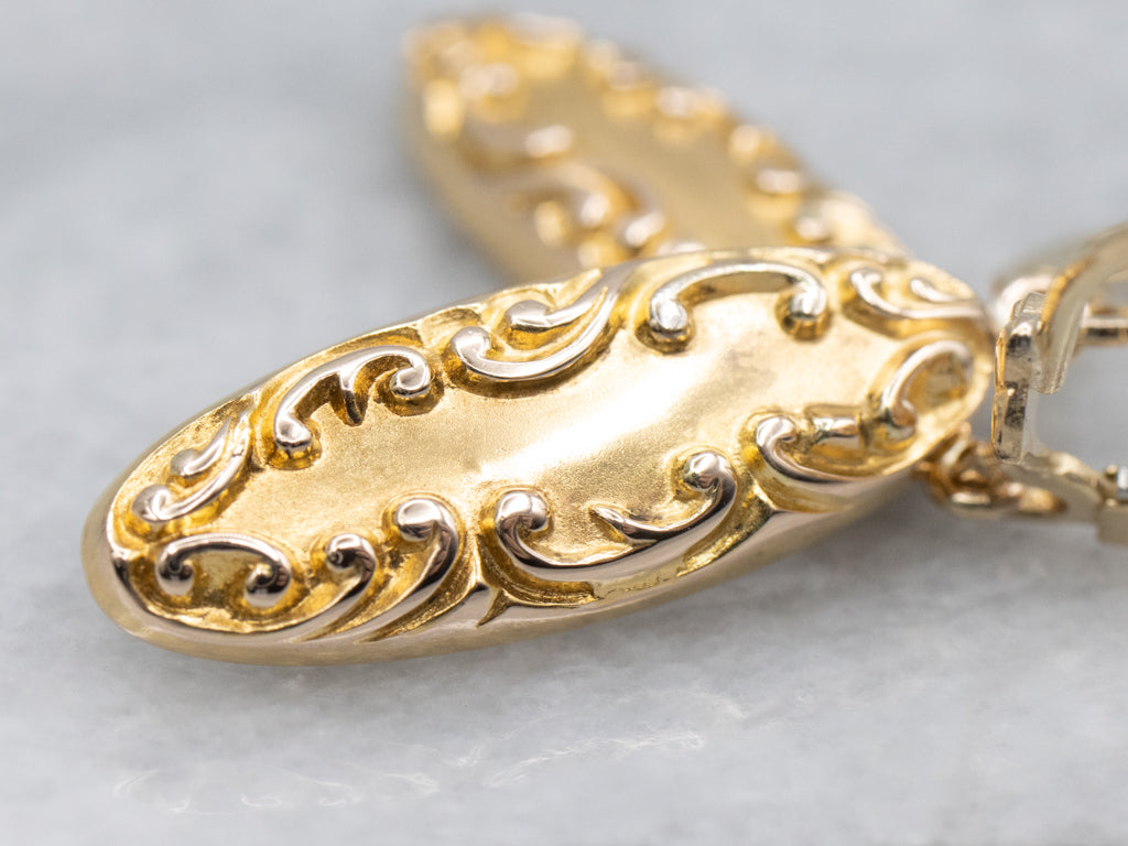 Antique Chased Yellow Gold Retrofitted Cufflink Drop Earrings