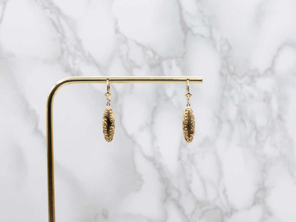Antique Chased Yellow Gold Retrofitted Cufflink Drop Earrings